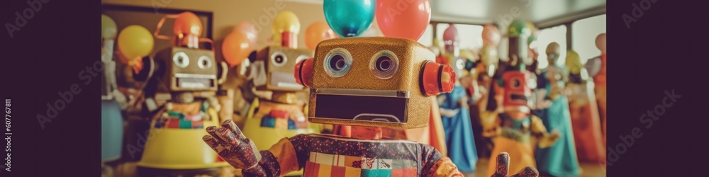 Poster a toy robot is standing in front of a bunch of balloons. generative ai image.