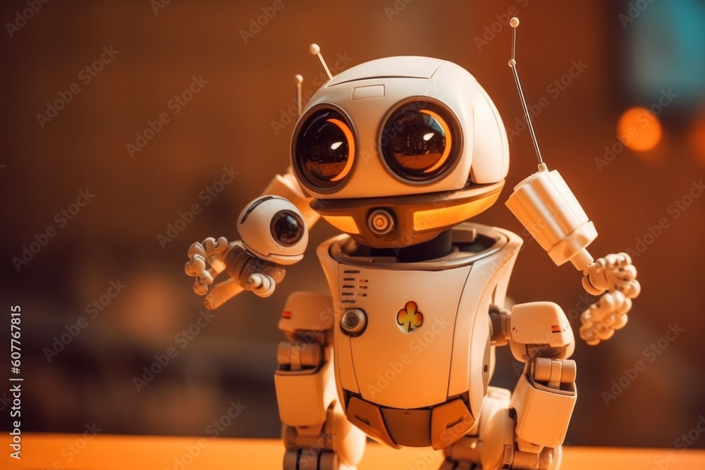 Poster a toy robot sitting on top of a table. generative ai image.