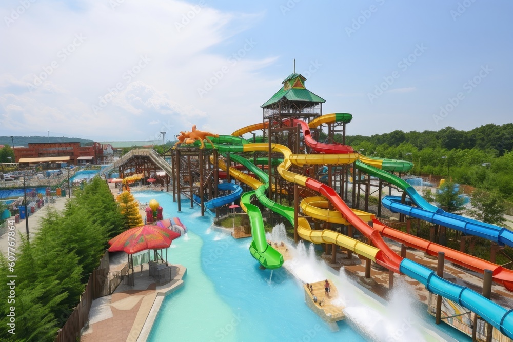 Wall mural water park with numerous slides, including speedy water slide and gentle river ride, created with generative ai