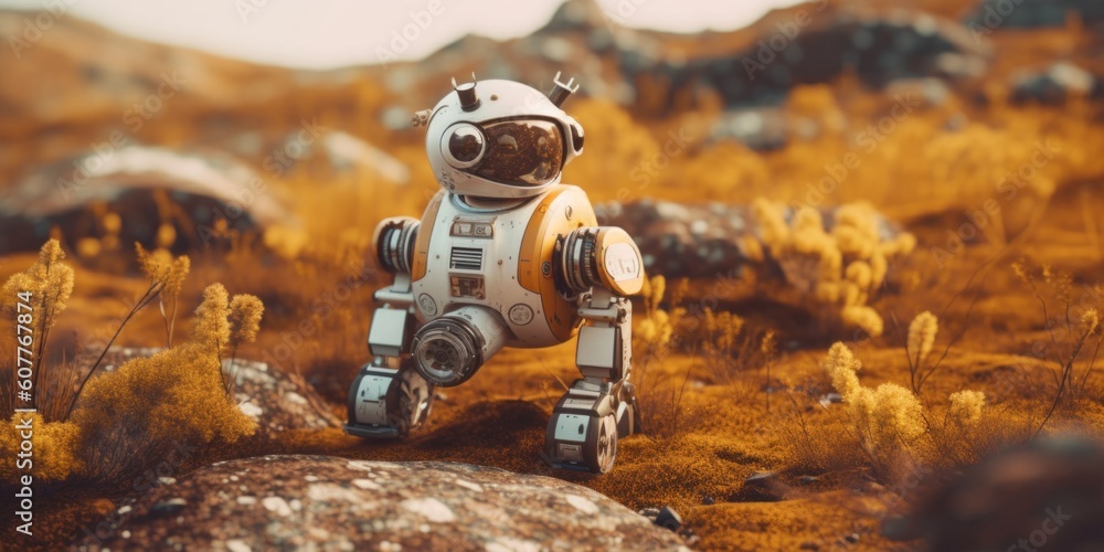 Poster a toy robot standing on a rock in a field. generative ai image.