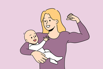 Smiling powerful mother showing bicep holding newborn baby on arms. Happy strong mom with child in hands. Motherhood and heroism. Vector illustration. 