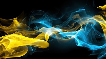 Abstract yellow-blue flame of various shapes on a black background. Created by AI. - obrazy, fototapety, plakaty