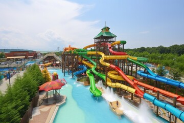 Fototapeta premium water park with numerous slides, including speedy water slide and gentle river ride, created with generative ai