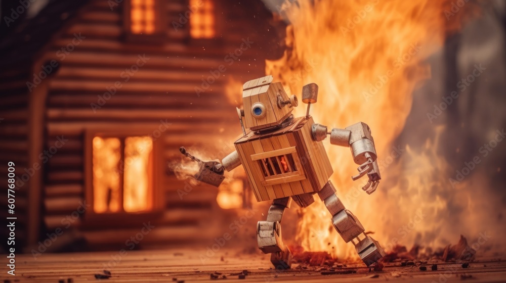 Poster a robot that is standing in front of a fire. generative ai image.