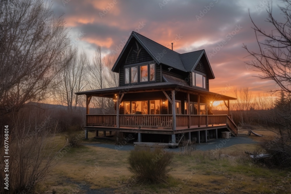 Canvas Prints cozy cabin retreat with wraparound porch, perfect for watching the sunset, created with generative ai