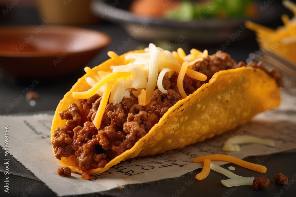 Sticker close-up of crispy taco shell, filled with seasoned ground beef and melted cheese, created with generative ai