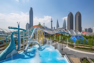 water park, with view of futuristic cityscape, and towering skyscrapers in the background, created with generative ai
