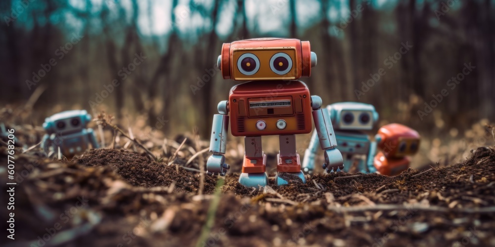 Poster a toy robot standing in the middle of a field. generative ai image.