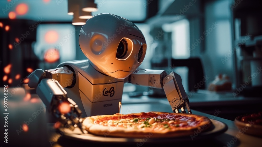 Poster a robot that is sitting in front of a pizza. generative ai image.