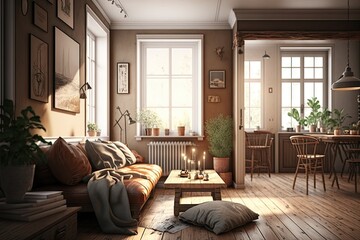 a warm and cozy interior with a touch of natural lighting, generative ai