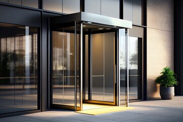office or hotel entrance with modern automatic sliding doors for quick and easy access, created with generative ai