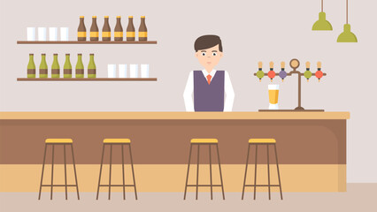 Bartender works in a bar flat vector. Cartoon character illustration.