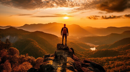 Man with backpack standing on edge of cliff and looking at misty valley. Generative AI.