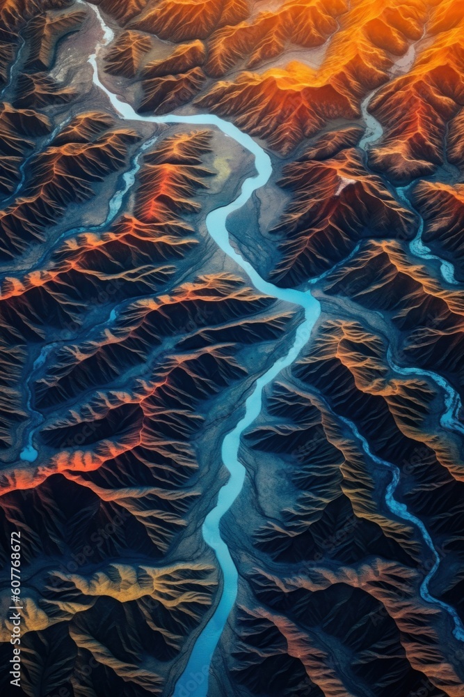 Poster an aerial view of a river running through a valley. generative ai image.
