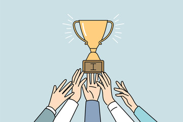 Employee hands reaching golden trophy work for achievement or acknowledgement. Businesspeople strive for gold prize. Business rivalry and leadership. Vector illustration. 