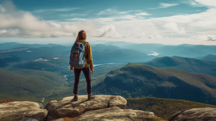 Naklejka na ściany i meble Young woman hiker with backpack standing on top of the mountain and enjoying the view. Generative AI.