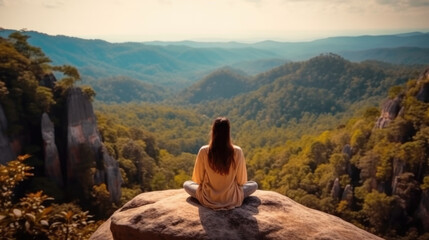 Fototapeta na wymiar Young woman meditating on top of rock and looking at beautiful landscape. Generative AI.