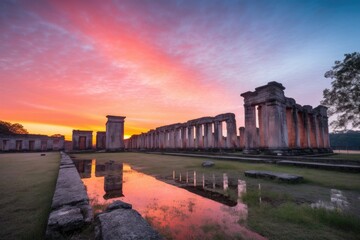 Fototapeta premium ancient ruins at sunrise, with orange and pink hues filling the sky, created with generative ai