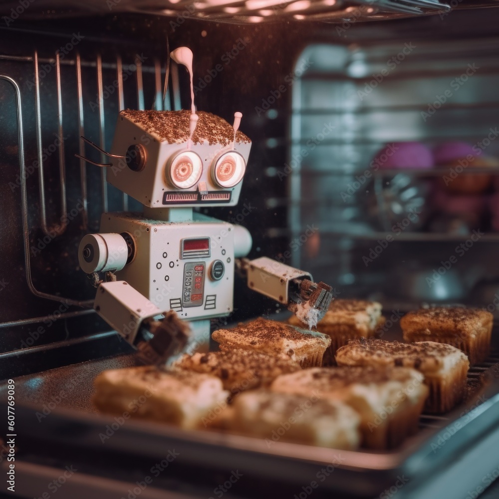 Aufkleber a robot that is cooking some food in an oven. generative ai image.