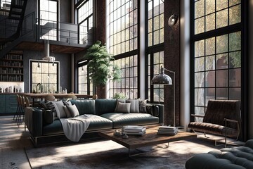 luxurious industrial home with sleek furnishings, oversized windows, and modern decor, created with generative ai