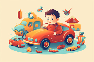 illustration of kid playing car toys made with Generative AI