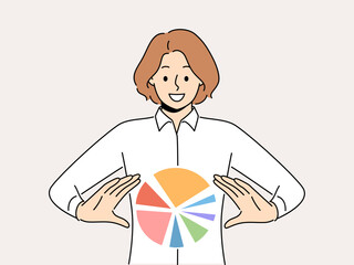 Smiling businesswoman with pie chart diagram in hands. Happy female employee with circle diagram. Business analytics and statistics. Vector illustration. 