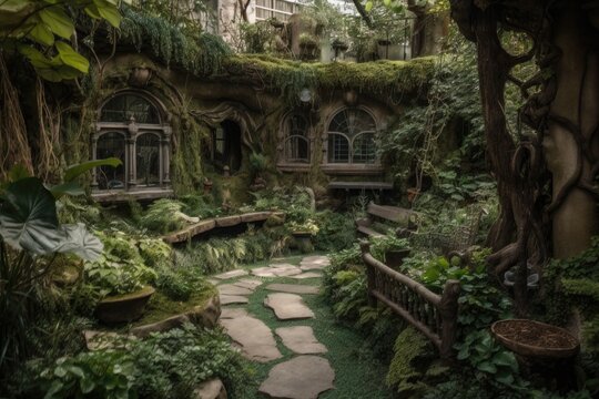 an enchanted garden with magical creatures and plants, hidden away from the world, created with generative ai