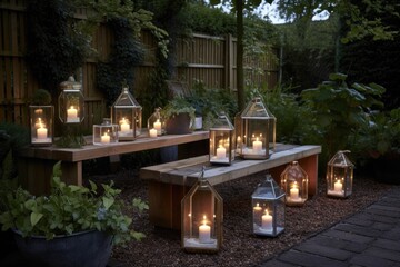 Fototapeta na wymiar diy garden with mix of contemporary and traditional elements, including wooden bench and glass lanterns, created with generative ai