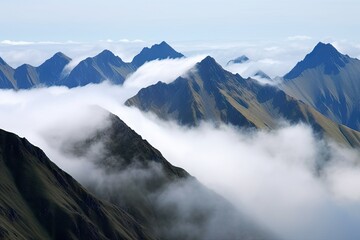 majestic mountains, with their peaks obscured by clouds and mist, created with generative ai