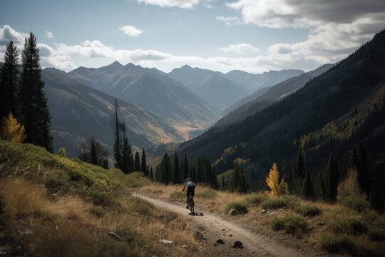 gorgeous mountain view with cyclist riding past in the foreground, created with generative ai