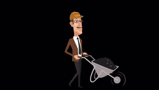 Cartoon design engineer character  pushing hand barrow cart with coal animation with alpha channel