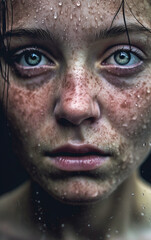 Fototapeta na wymiar Close-up of a young blue-eyed girl with her face beaded with water drops - ai generative