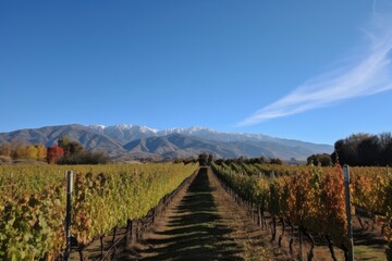 Fototapeta premium vineyard with mountains and clear blue skies in the background, created with generative ai