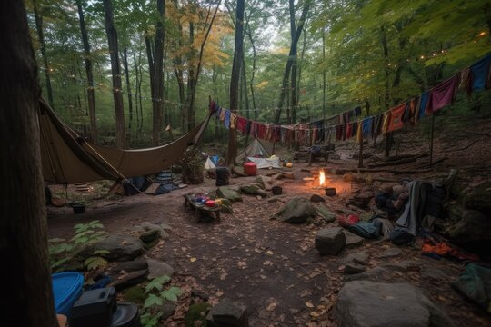 outdoorsy campsite, with cozy tents, hammocks, and lanterns, created with generative ai