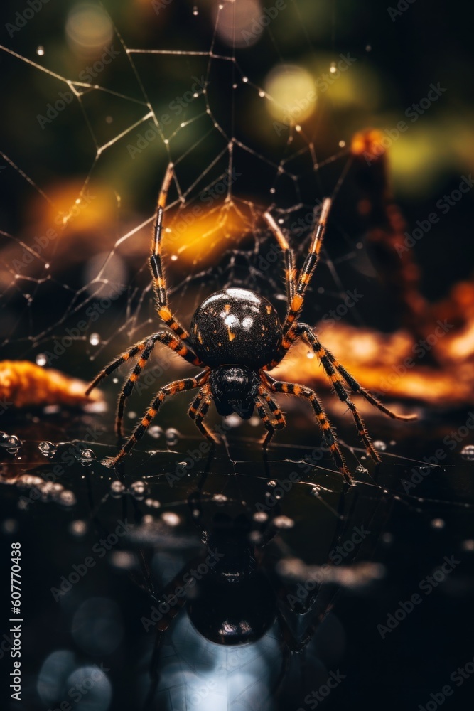 Poster a spider sitting on top of a spider web. generative ai image.