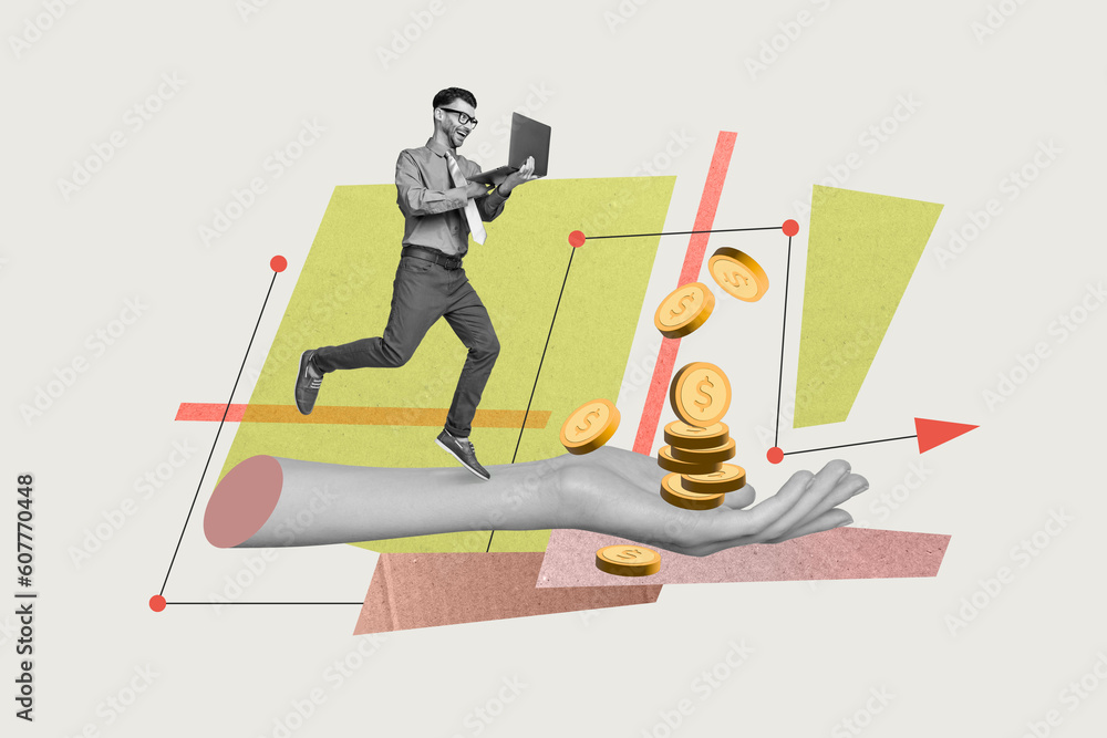 Poster creative collage picture of black white effect arm palm hold money coins excited elegant guy use net