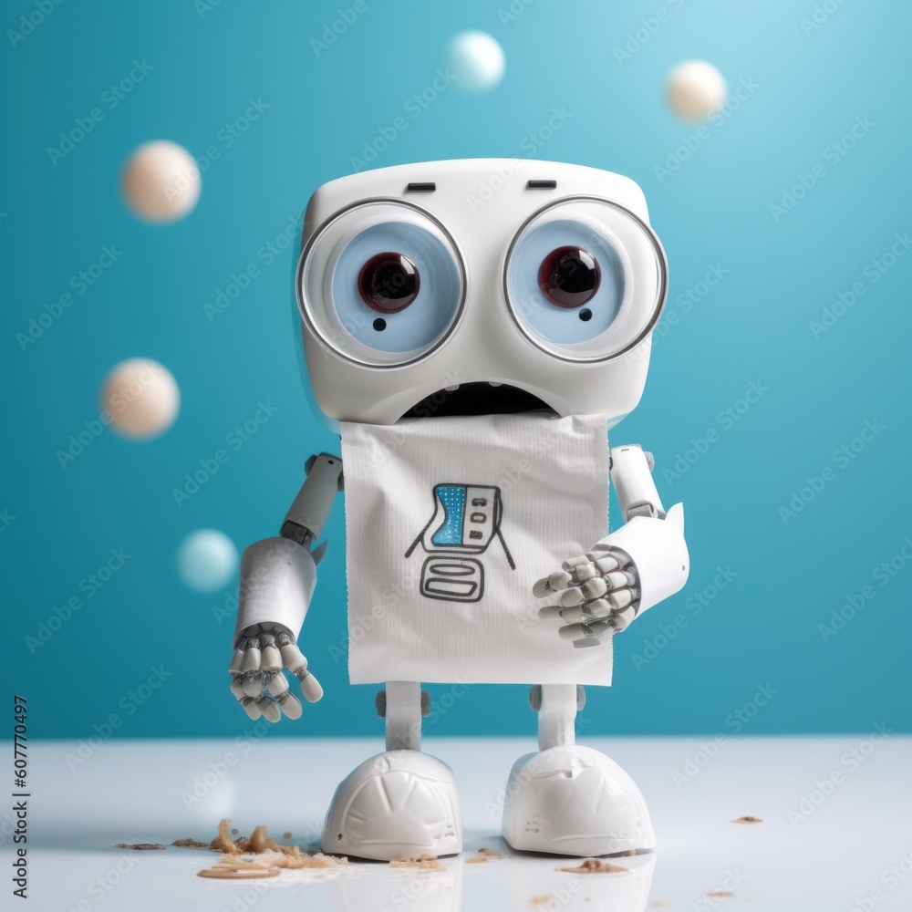 Poster a white robot with big eyes standing in front of a blue background. generative ai image.