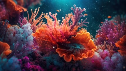 Fototapeta na wymiar An underwater scene of corals and sea anemons. Generative AI image.