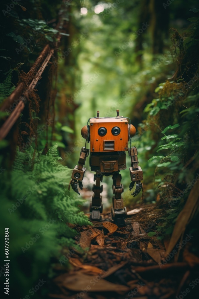 Poster a toy robot standing in the middle of a forest. generative ai image.