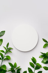 Empty white podium and green leaves on light grey background top view. Pedestal and fresh natural branches for cosmetic marketing. Product presentation or sale mockup. Top view. Minimal flat lay.