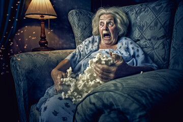 Fototapeta premium A man sitting on the sofa with popcorn gasps as he watches a horror movie on TV in fear - ai generative