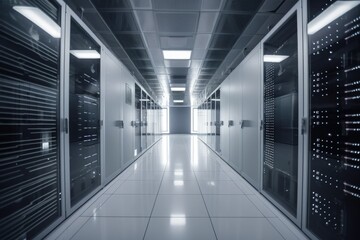 data center, with server racks and cables visible, in modern office building, created with generative ai
