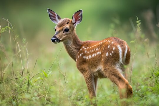 baby deer browsing on grassy field, created with generative ai
