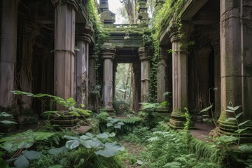Fototapeta na wymiar ruins with towering columns and intricate carvings, surrounded by lush greenery, created with generative ai