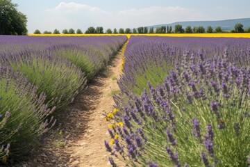 Fototapeta na wymiar lavender field, with row of blooming sunflowers in the background, created with generative ai