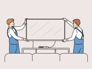 Smiling male workers in uniform hang TV on wall in apartment. Happy mechanics install television set at client home. Good quality service. Vector illustration. 