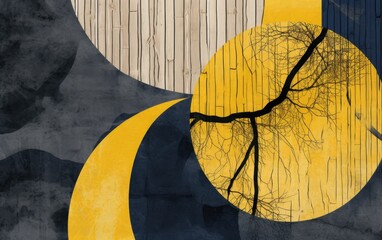 Yellow and indygo wood texture pattern with circles, generative ai