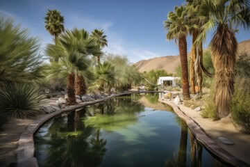 Fototapeta na wymiar desert oasis complete with palm trees, and tranquil pool of water, created with generative ai