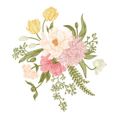 Bouquet in vintage style with spring flowers. Tulips, peony, chrysanthemum, ferns, eucalyptus seeds. Botanical illustration. Pastel colors.