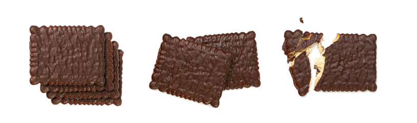 Biscuit Coated in Dark Chocolate Isolated, Square Cookies, Rectangular Shortbread, Crunchy Digestive Cookie